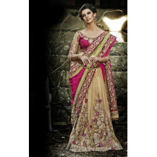Stupendous Beige Colored Embroidered Viscose Net Saree 